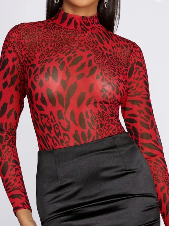 Windsor Tops - Windsor Red & Black Animal-Print Sheer Mock-Neck Long Sleeve Top